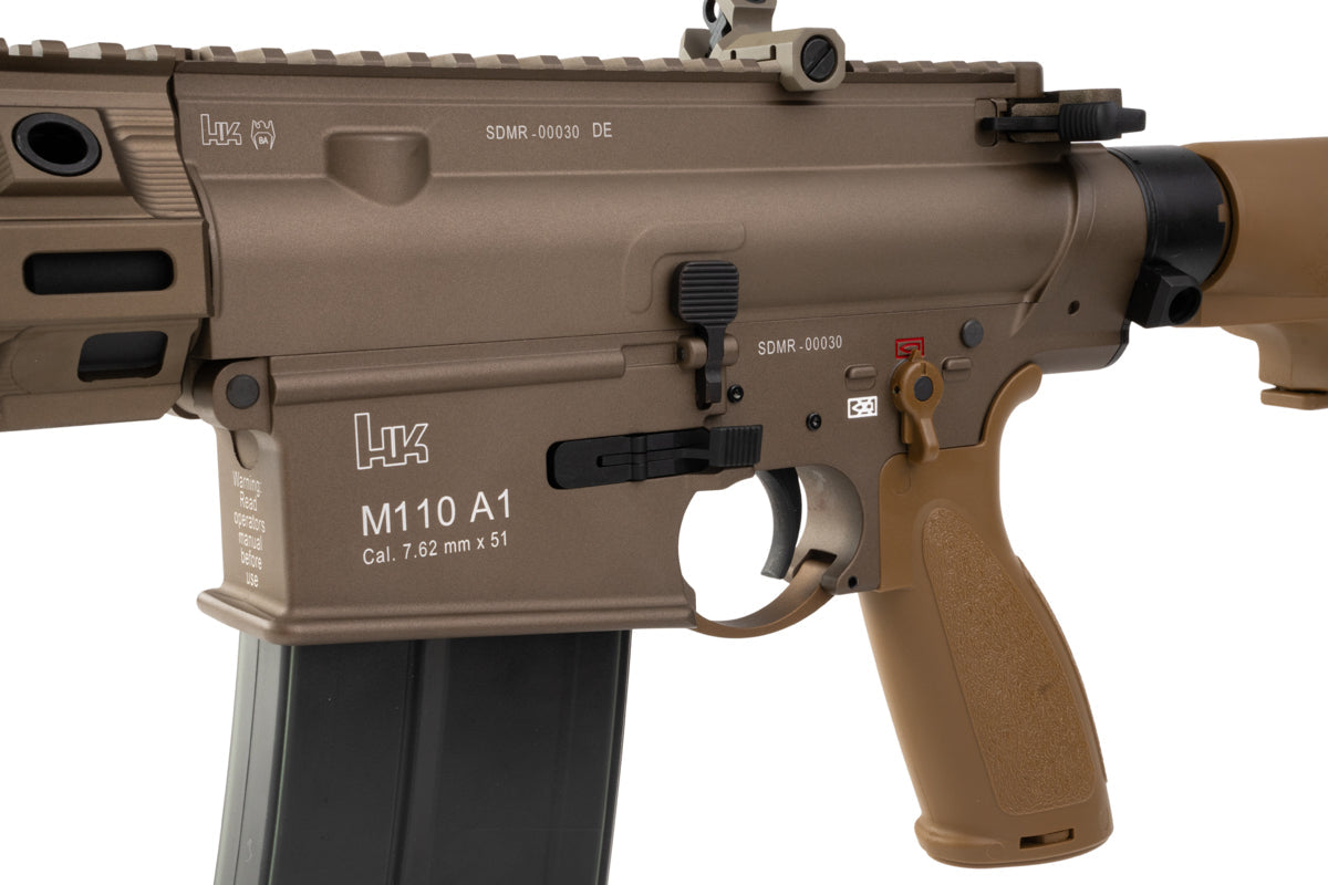 Close-up of VFC M110 GBB tan airsoft rifle upper and lower receiver with magazine inserted