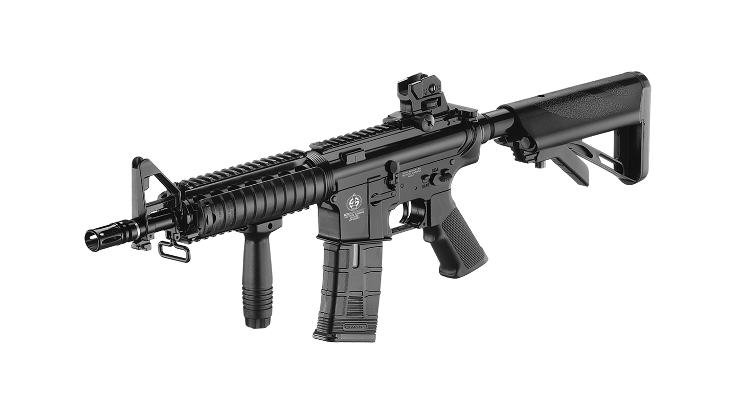 ICS CS4 M4 AEG AIRSOFT gun by ICS with adjustable stock and foregrip in black finish