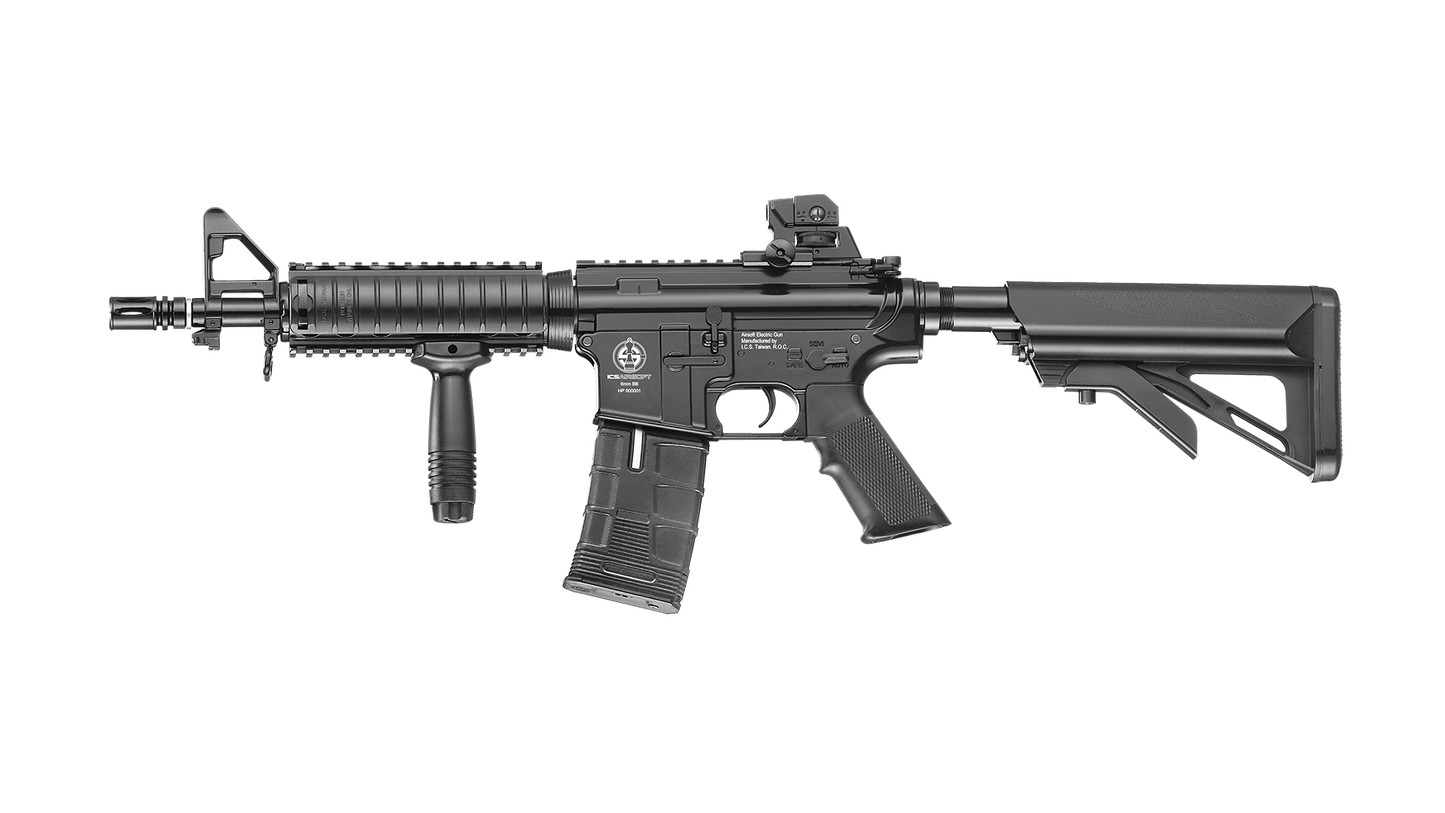 ICS CS4 M4 AEG AIRSOFT black electric airsoft rifle with adjustable stock and vertical foregrip