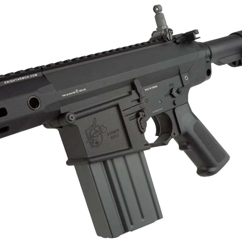 G&G KNIGHTARMS SR25 AEG AIRSOFT gun close-up showing black tactical rifle details and magazine