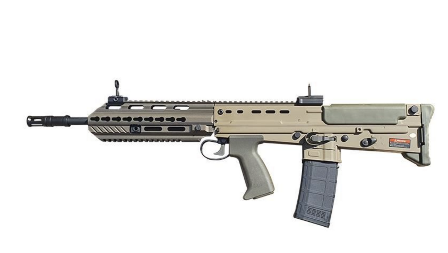 ARES L85A3 AEG AIRSOFT rifle in tan with black magazine and tactical handguard
