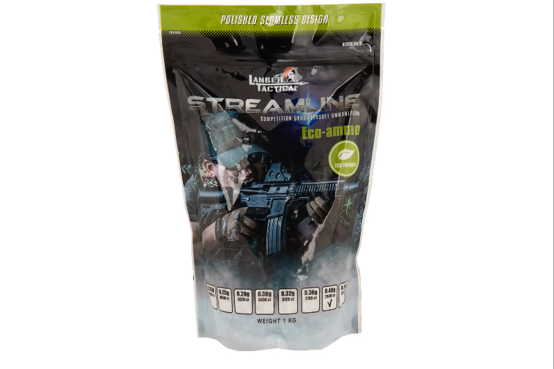 Lancer Tactical airsoft BBs 1kg resealable black and green pouch with soldier image and eco ammo label