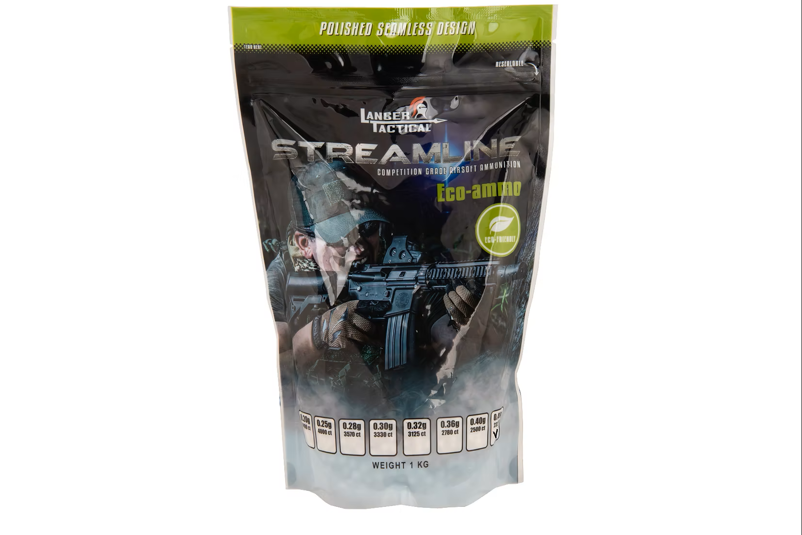 1kg resealable bag of Lancer Tactical airsoft BBs Eco ammo polished seamless design with soldier image