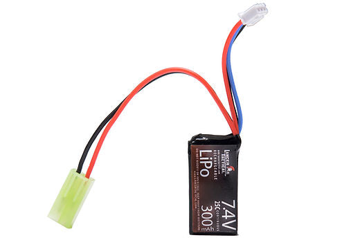Lancer Tactical LiPo 7.4V airsoft battery 300mAh compact rectangular pack with red black wires and connectors