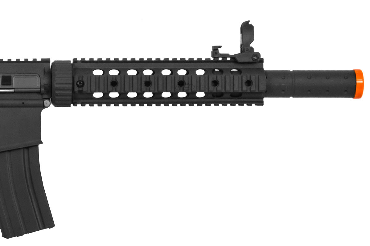 Lancer Tactical M4 Gen 2 airsoft rifle partial side view black AEG with quad rail handguard orange safety tip