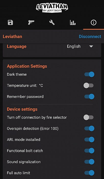 Jefftron Leviathan app interface showing device and application settings for mosfet evo3 accessory