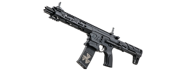 G&G M4 AEG AIRSOFT rifle in black with tactical rail and magazine on black background