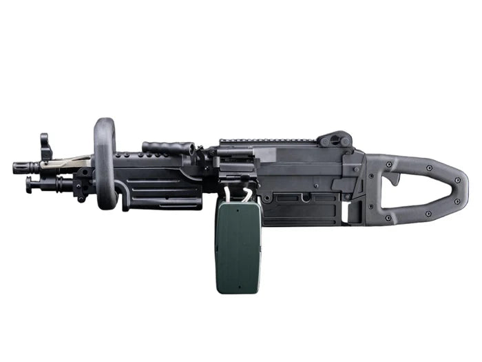 Black MATRIX MUGEN FIRE LMG AEG AIRSOFT gun with drum magazine and tactical design