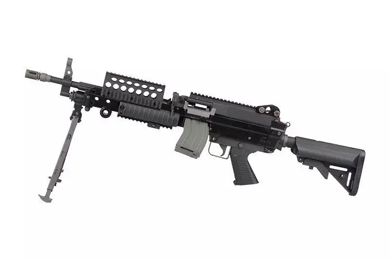 CLASSIC ARMY MK46 AEG AIRSOFT gun with bipod, black body, and adjustable stock