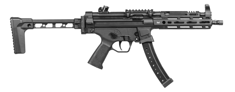 G&G MP5 R5 AEG AIRSOFT gun with black compact design and extended magazine
