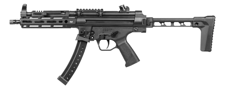 G&G MP5 R5 AEG AIRSOFT gun with black compact design and foldable stock