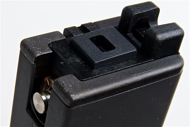 NORTHEAST MP2A1 MAG black polymer pistol magazine top close up showing feed lips follower and spring