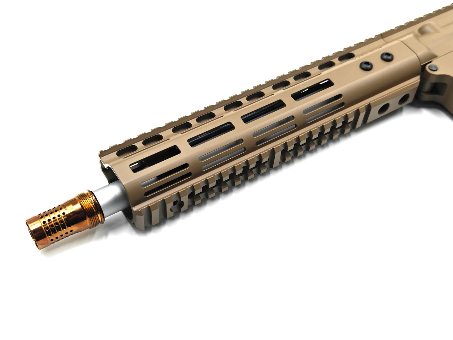 Canon avant de réplique GBBR Double Eagle noveske ghetto blaster couleur tan avec silencieux doré