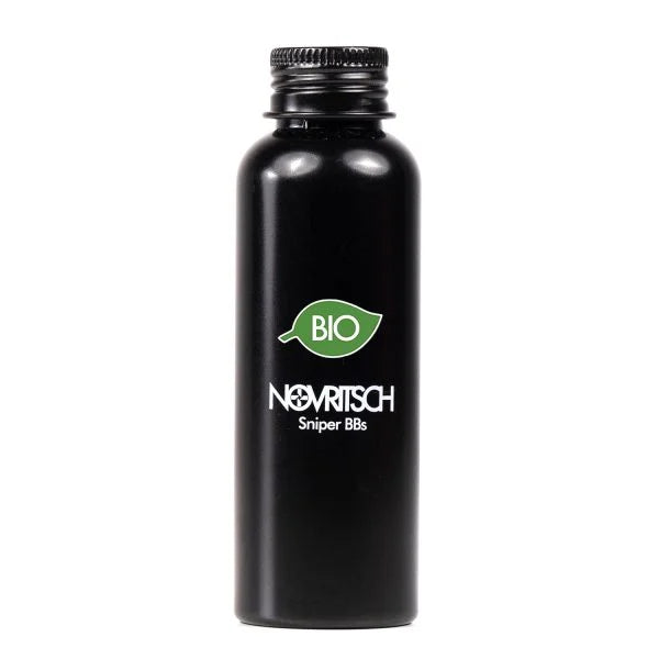 Black aluminum bottle of Novritsch 0.40g sniper BBs biodegradable BIO label for airsoft snipers