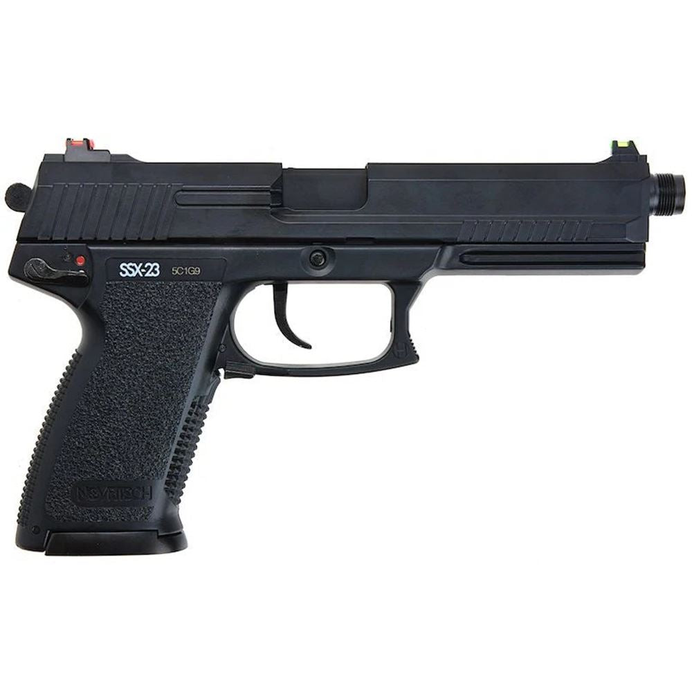 NOVRITSCH SSX-23 SUPRESSOR GBB AIRSOFT pistol in black with textured grip and suppressor-ready barrel