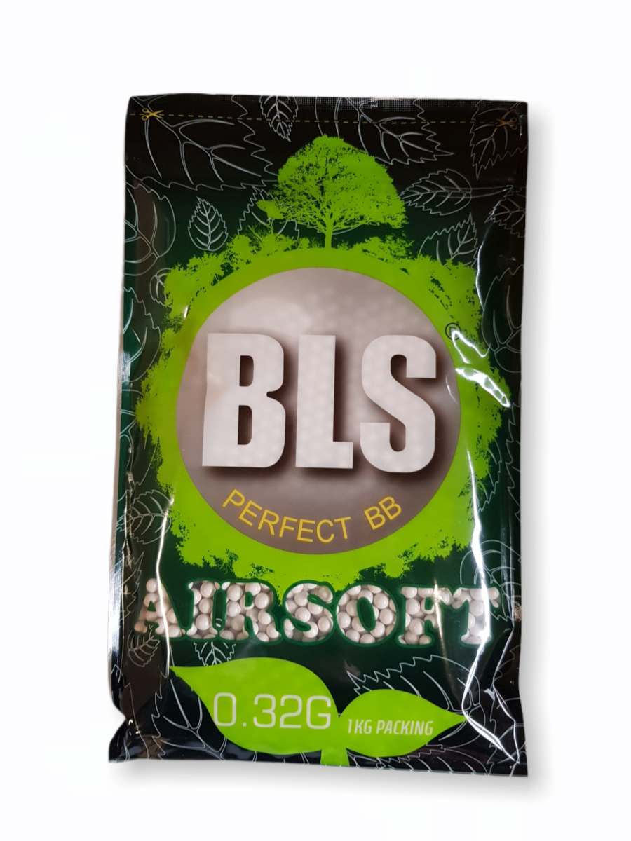BLS Bio Perfect BBs 0.32g 1kg pack biodegradable airsoft pellets in green and black packaging showing white BBs