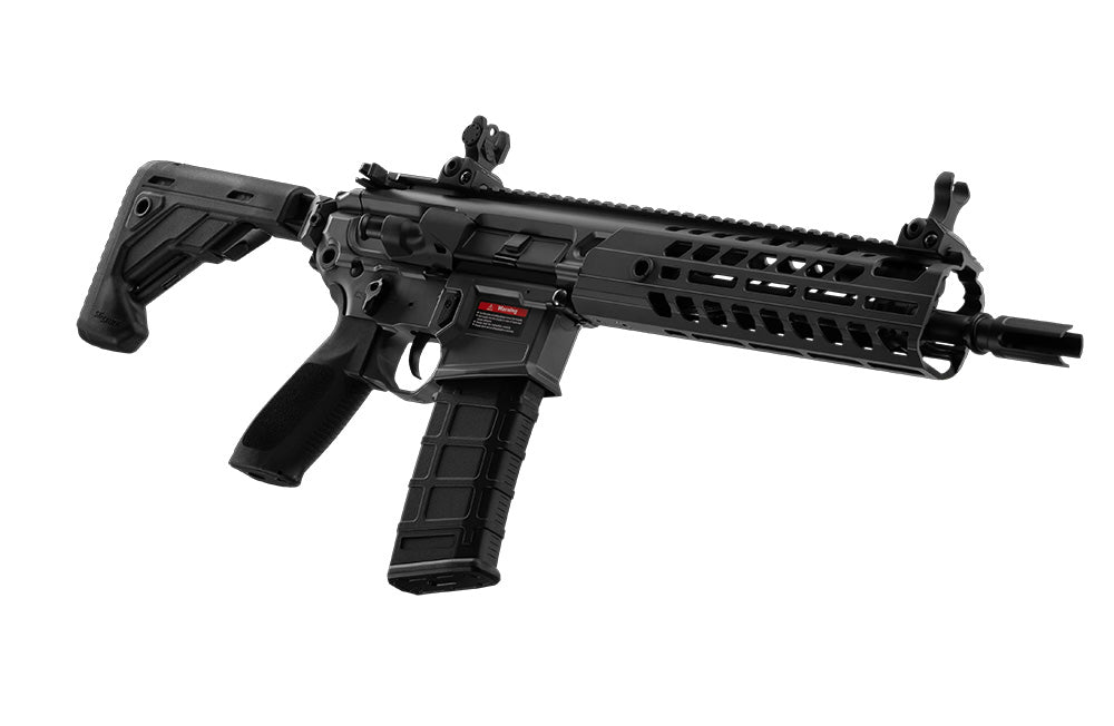 E C AEG SIG MCX Virtus airsoft rifle black with collapsible stock MLOK handguard flip up sights and detachable magazine