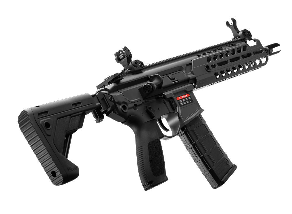 AEG SIG MCX Virtus airsoft rifle in black with collapsible stock flip up sights and MLOK handguard