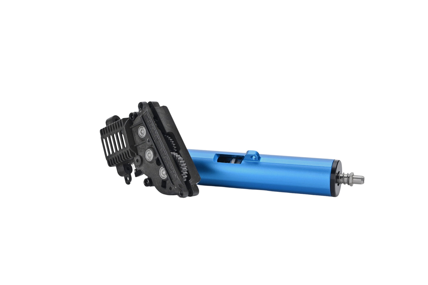 SILVERBACK MDRX V3 AEG blue cylinder with black gearbox and mounting bracket showing internal components