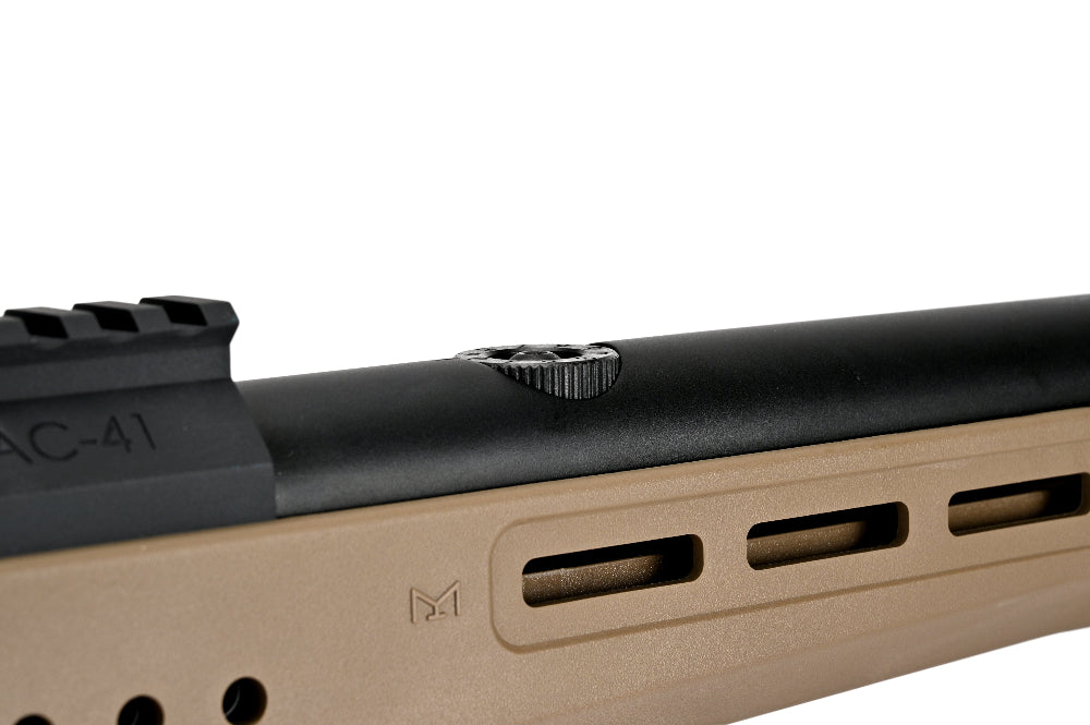 SILVERBACK TAC-41P sniper rifle close up of black upper receiver and tan MLOK handguard detail