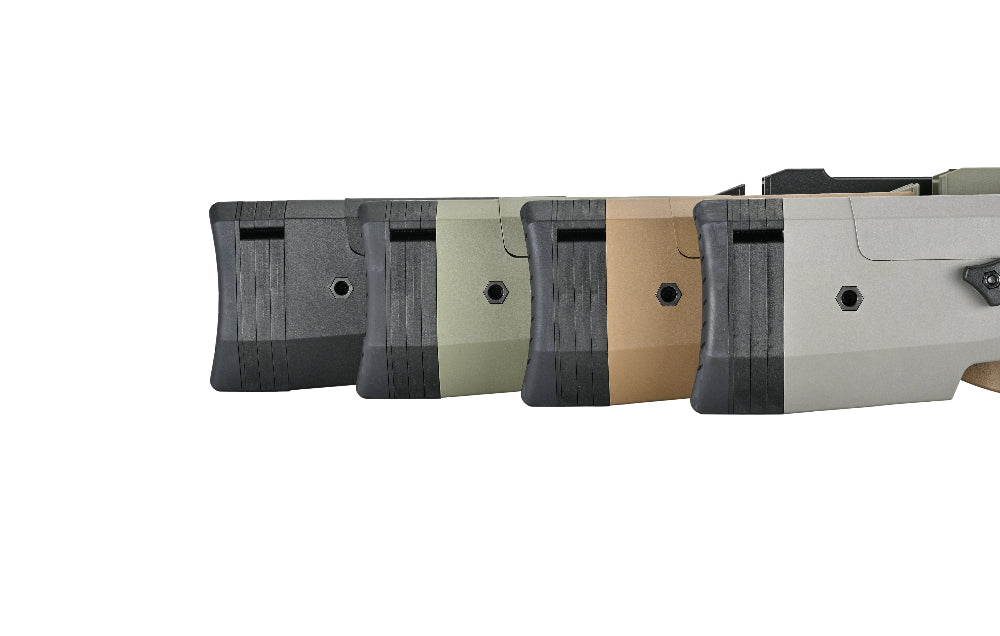 SILVERBACK TAC-41P sniper rifle polymer buttstocks in black olive tan and gray color variants on white background