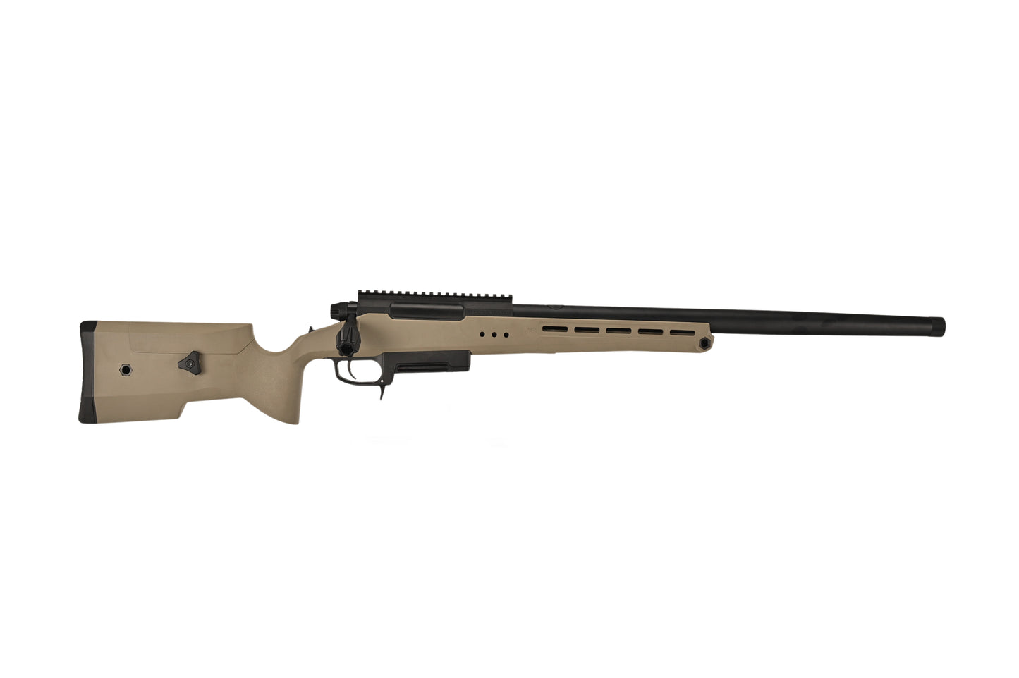 SILVERBACK TAC-41P SPORT tan synthetic stock bolt action sniper rifle with long black barrel and rail