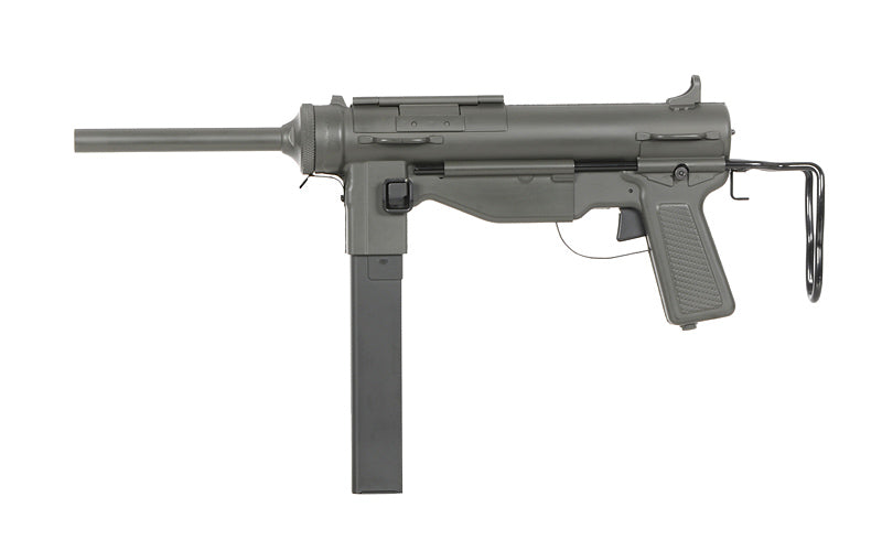 SNOW WOLF M3A1 GREASE GUN AEG AIRSOFT replica in dark gray with extended magazine and folding stock