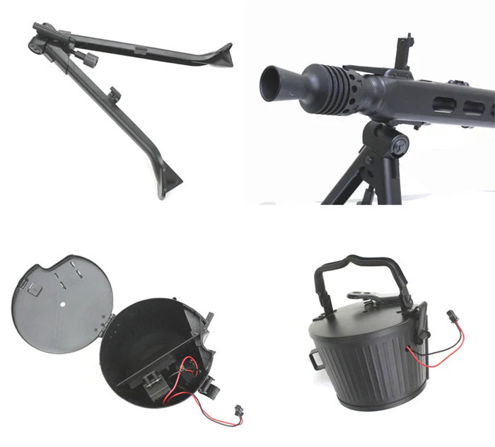 S&T MG42 LMG AEG AIRSOFT metal bipod, barrel, and drum magazine components in black