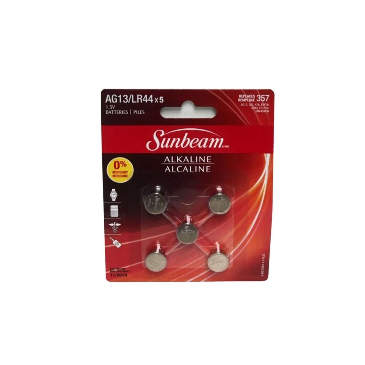 Sunbeam 357 alkaline batteries pack. Pack of five AG13 LR44 button cell alkaline replacement