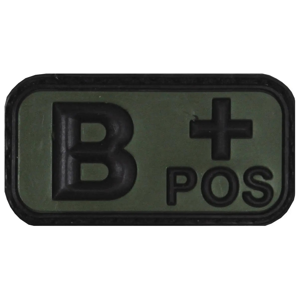 DISTRICT AIRSOFT olive drab rubber patch with raised B plus and POS markings for B positive airsoft blood type patch