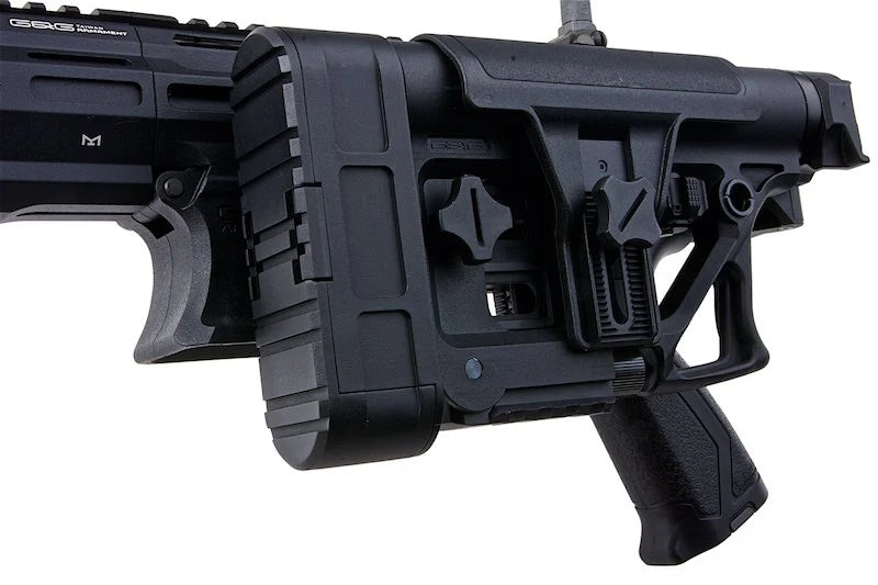 G and G AEG tr30 airsoft black adjustable tactical stock and textured pistol grip close up