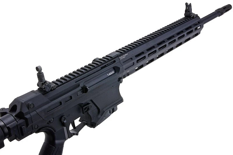 G and G AEG tr30 airsoft rifle in black with long MLOK handguard and flip iron sights