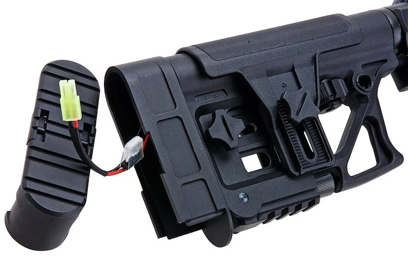 tr30 airsoft AEG adjustable buttstock showing rear battery compartment with connector cable
