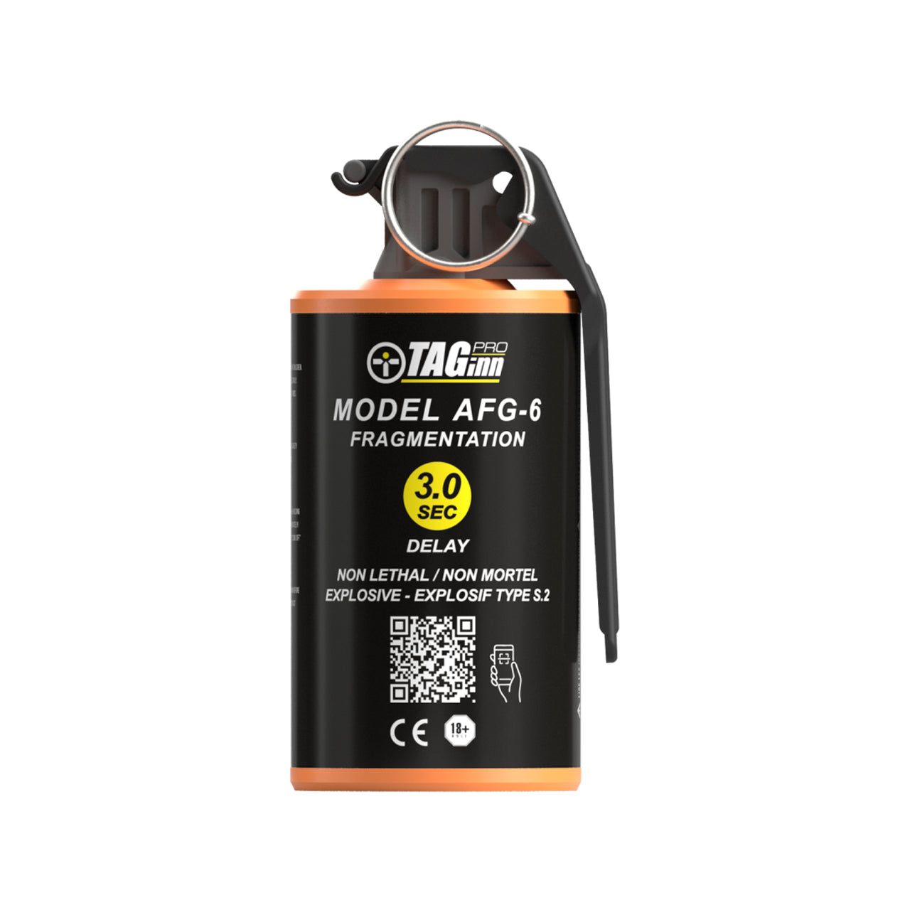 TAGINN afg-6 consumables fragmentation model with 3 second delay and safety pin in black and orange