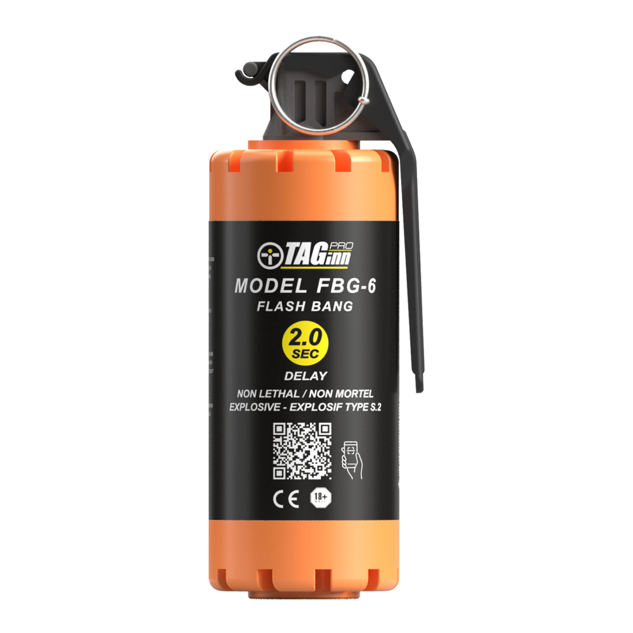 Taginn FBG-4 consumable flash bang with 2 second delay non-lethal explosive in orange and black