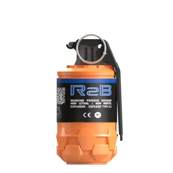 TAGINN R2bm marking powder grenade in orange with safety pin and black label