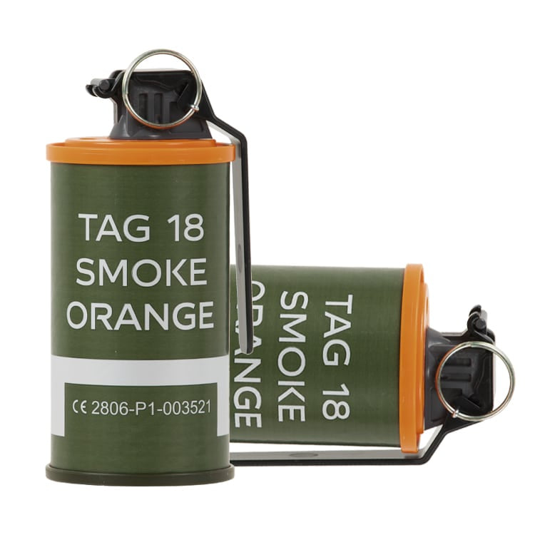 Taginn tag-18 orange smoke grenade consumables with safety pin and green body
