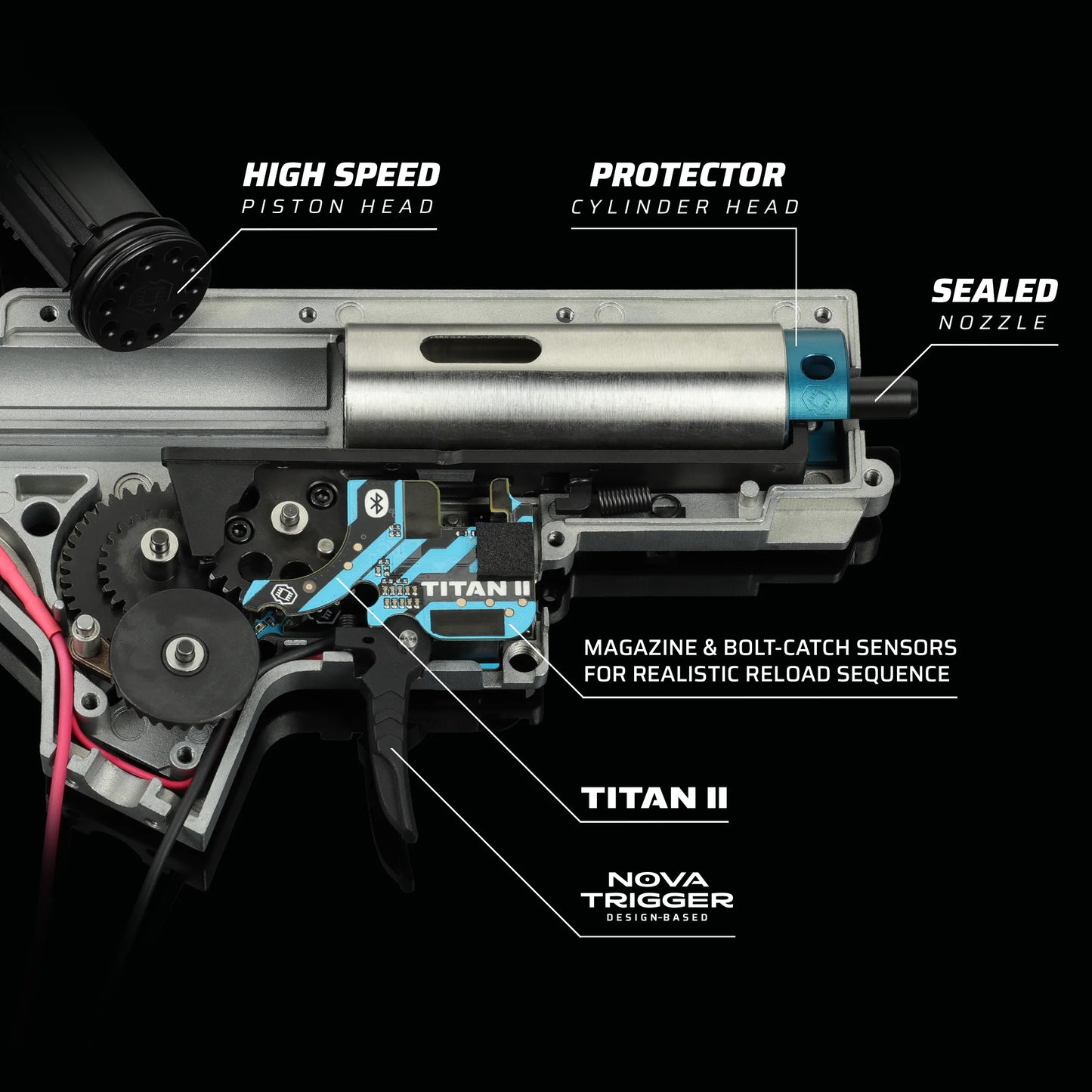 Vue en coupe d'un système interne AEG TRINITY ARMAMENT GA-TA01 avec ses composants mécaniques détaillés