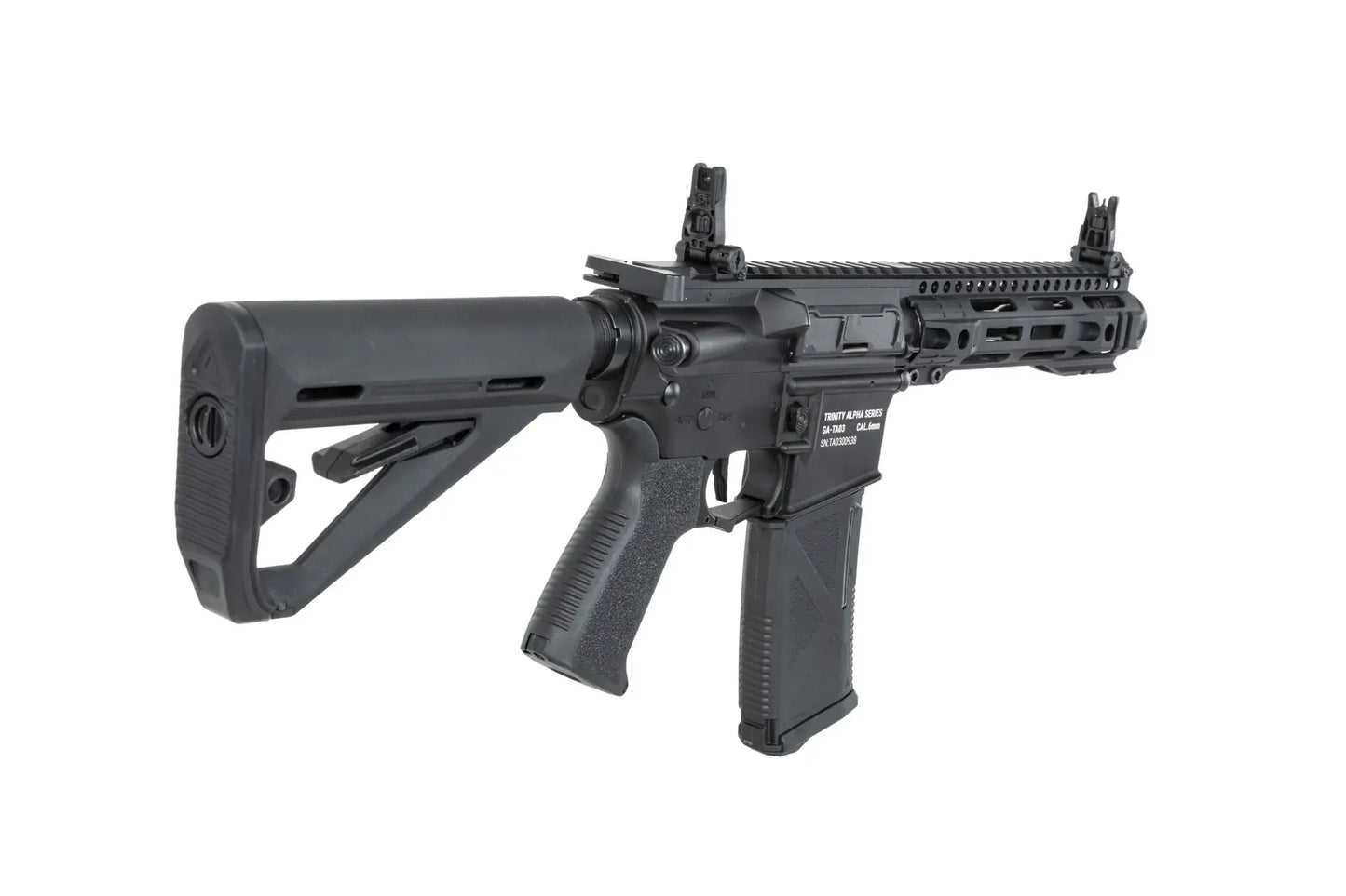 Réplique d'arme AEG TRINITY ARMAMENT GA-TA03 noire avec crosse réglable et viseurs rabattables