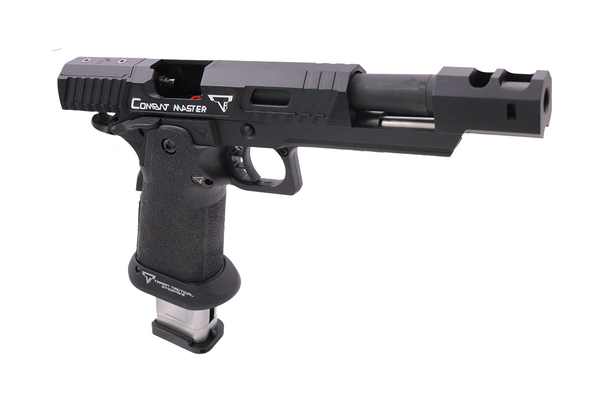 EMG TTI combat master airsoft pistol in black with textured grip and extended barrel