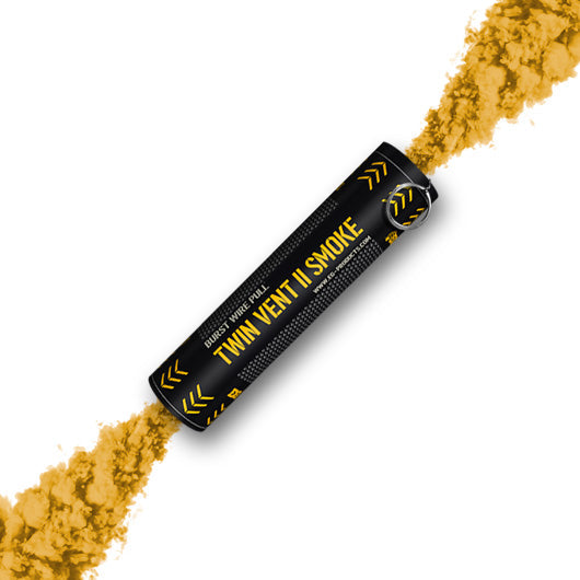 Enola Gaye burst smoke grenade Twin Vent II emitting yellow smoke from both ends