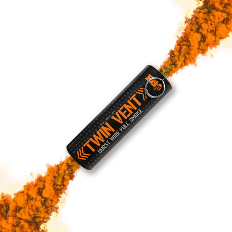 Enola Gaye Twin Vent burst smoke grenade emitting dense orange smoke from both ends