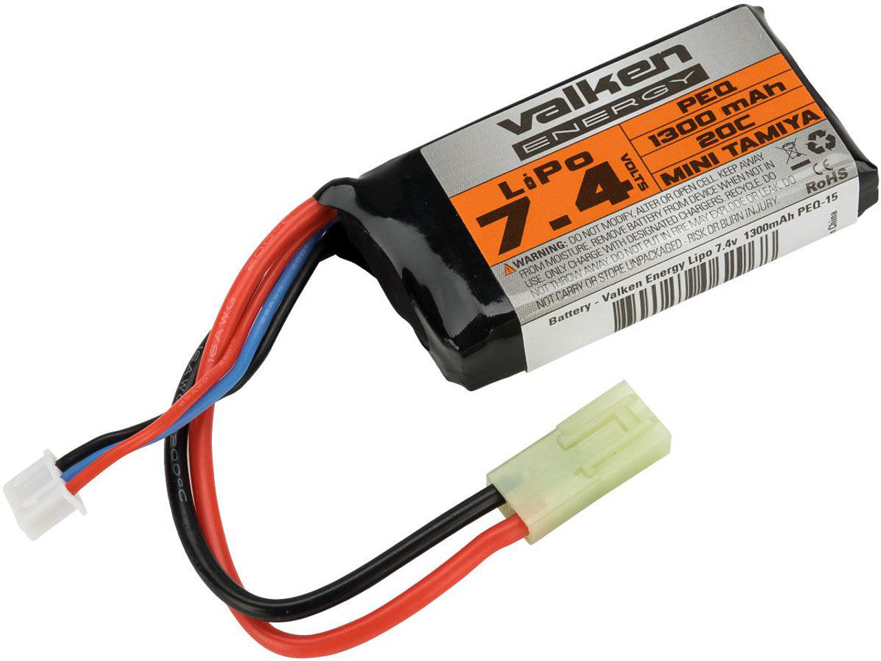 Valken LiPo 7.4v 1300mAh airsoft battery compact rectangular pack with Mini Tamiya connector and balance lead