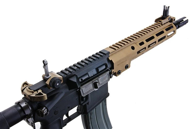 Détail du fusil VFC Colt Urgi GBBR avec canon et rail supérieur couleur tan et noir