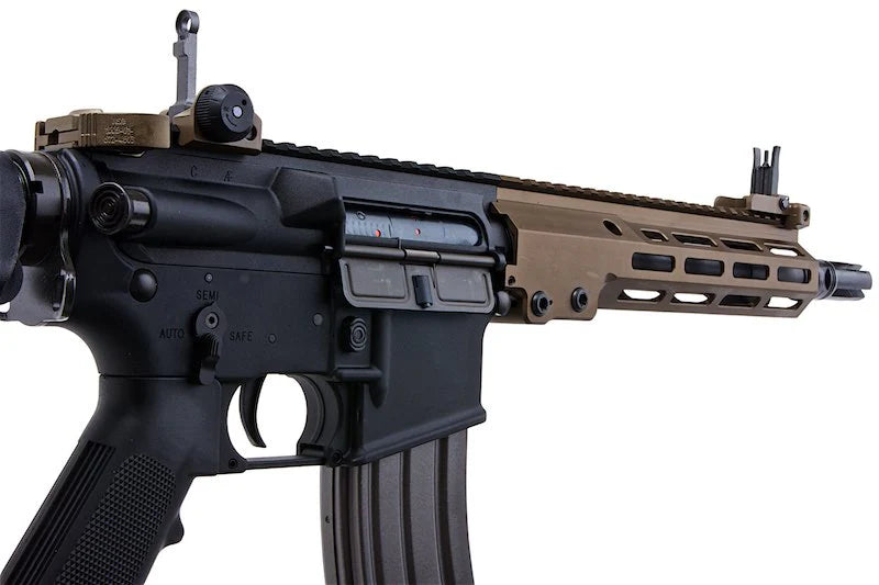 VFC Avalon URGI M4 CQB for sale black and tan AEG airsoft rifle close up with iron sights