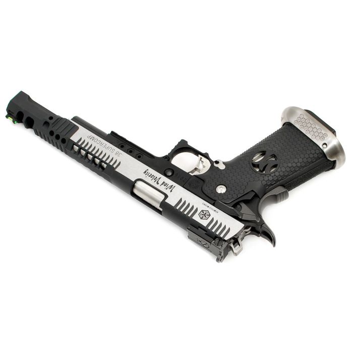 ARMORERWORKS 38 supercomp AIRSOFT pistol with black textured grip and silver barrel