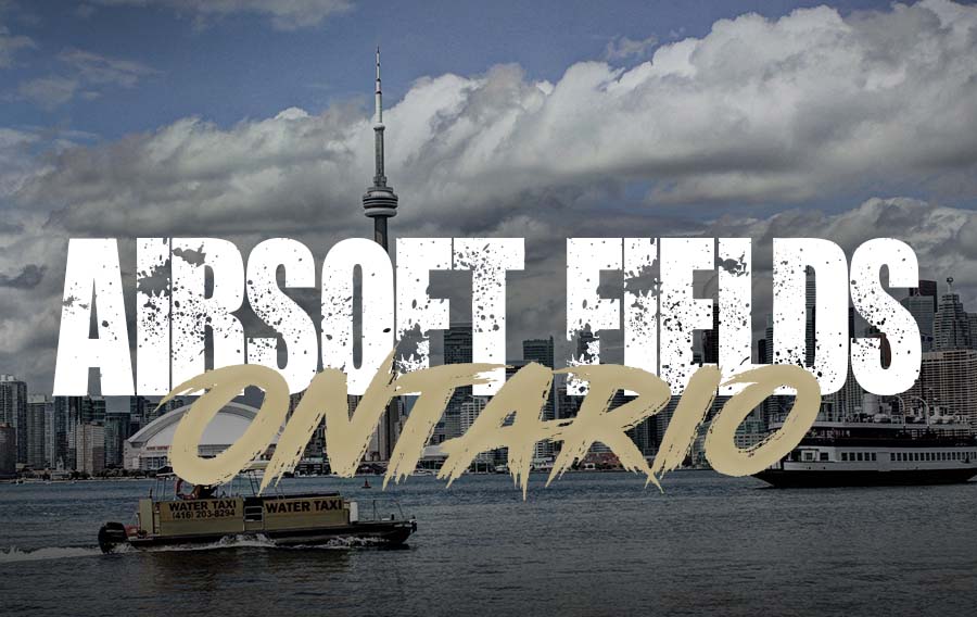 City skyline of Ontario with text Airsoft Fields Ontario promoting airsoft field Ontario locations