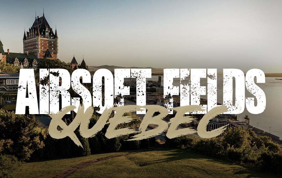 Scenic view of Quebec City with bold text airsoft Field Quebec highlighting popular airsoft playing locations