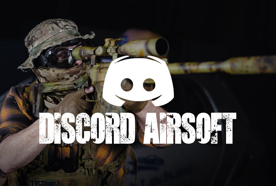 Airsoft player aiming sniper rifle with Discord logo and Discord Airsoft text for Airsoft Forum canada