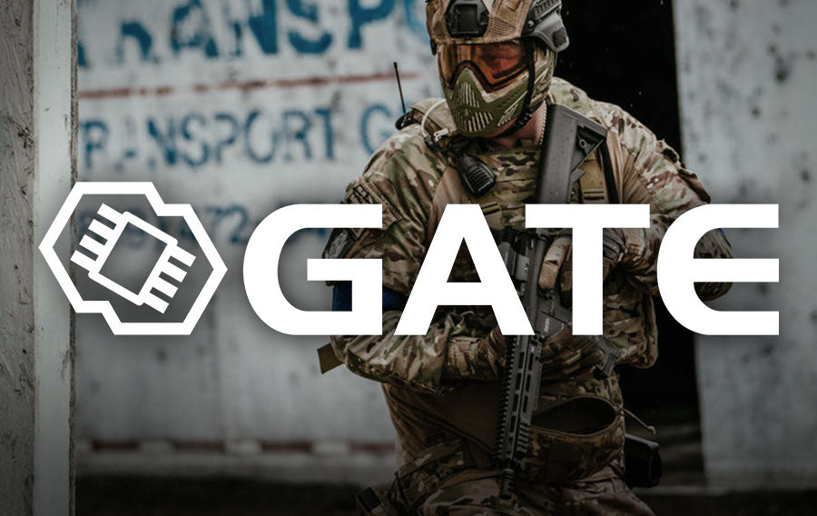 Tactical airsoft player in camouflage holding rifle with GATE logo overlay promoting Gate mosfet products
